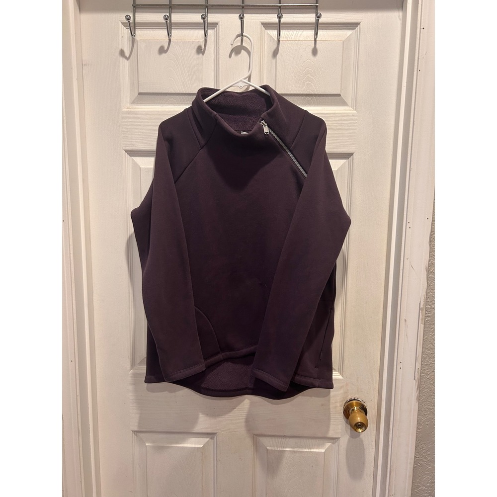 Athleta Cozy Karma Asymmetrical Pullover Large Dark Purple Fleece Mock Neck Zip